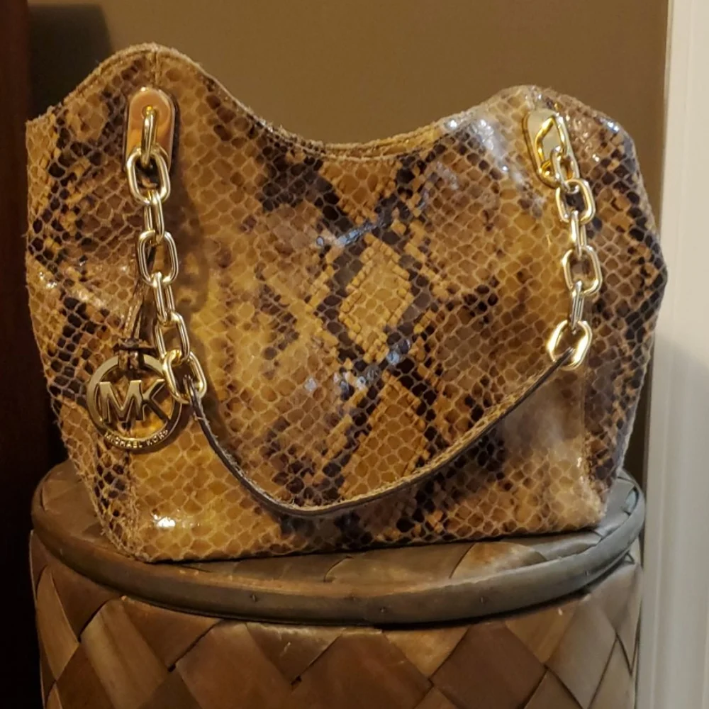 Michael Kors Brown Snake-Print Leather Shoulder Bag